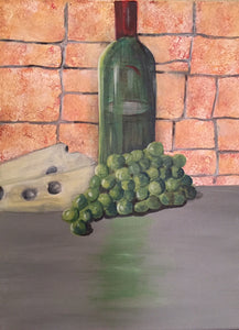 Green Grapes & Wine Canvas Painting | Hanging Wall Decor | Kitchen & Restuarant 12" W x 16" L