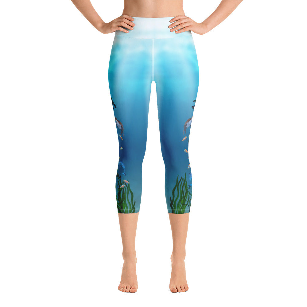 Ocean Yoga Capri Leggings for Women High Rise Waist Calf Length Workout  Pants Feat. Marine Life Deep Sea Creatures for Surfing and SUP 